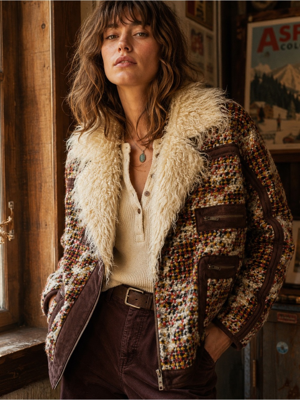 Plenty Tracy Reese Darlington Tweed Coat P/S Sherpa Collar Retro 70s Penny Lane